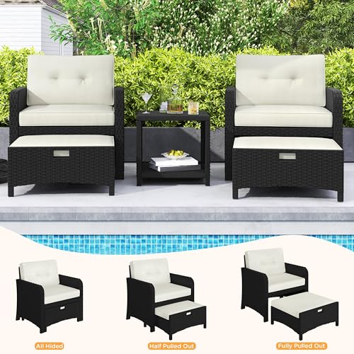 Yaheetech 5 Piece Patio Conversation Set with Ottomans, PE Wicker Balcony Furniture, Rattan Lounge Sofa with Cushions & Pillows, 2 Chairs & Side Table for Backyard, Porch, Garden, Black/Beige - Image 7