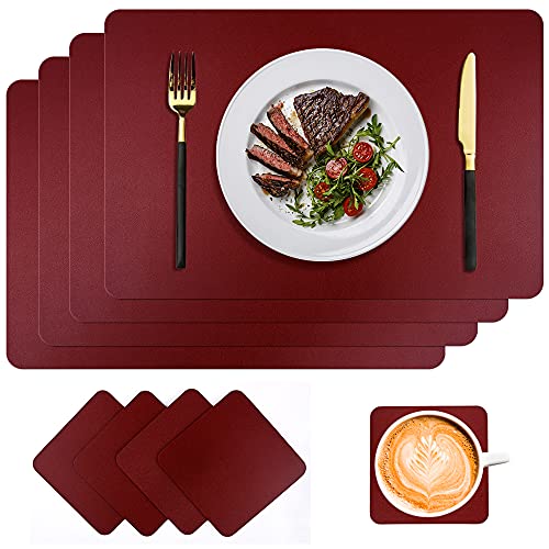 Platzsets 4er Set, CLTPY Tischsets Abwaschbar PU Leder,Abgrifffeste Hitzebeständig Platzdecken und Untersetzer Antifouling und Waschbar Platz-Matten für Küche Restaurant,45x30CM (Weinrot) Cover