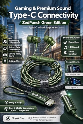 Image of Gaming Type-C Wired Earphone with Mic, 10mm Dynamic Bass Driver, Magnetic in-Ear Headphones, Low Latency Sound for Gaming, 1 Button Control, HD Calling, Voice Assistant,