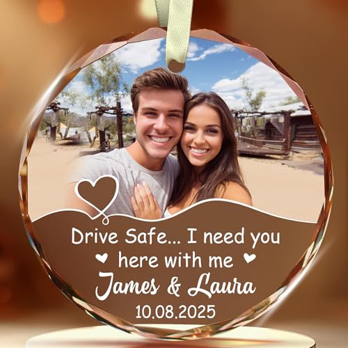 BSQUIELE Personalized Father Family Crystal Glass Ornament - Drive Safe I Need You Here with Me Ornaments - Custom Photo Gift for Family, Father, Dad, Birthday