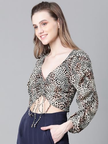 Image of oxolloxo Women Floral Print Semi-Sheer Round Neck Tie-Knotted Elasticated Long Crop Sleeve Top