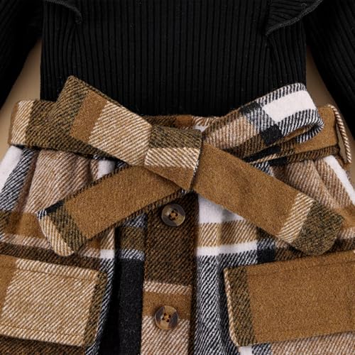 Image of Weixinbuy Toddler Girl Fall Winter Clothes Solid Long Sleeve Ribbed T-Shirt Knit Tops Plaid Button Mini Skirts Set Outfits