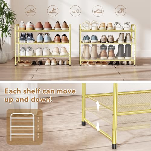 Image of Modern Shoe Rack, 3 Tier Heavy Duty Metal Mesh Shoe Shelf 27 Inch Wide, Gold