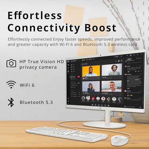 Image of HP 21.5 inch FHD All-in-One Desktop, Intel Processor N100, 16GB DDR5, 1.12TB Storage (128GB UFS+1TB Docking Station), UHD Graphics, 720p Webcam, Wi-Fi 6, Wired Keyboard & Mouse, Win 11, White