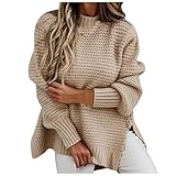 Generisch Eleganter Langarm Pullover Für Damen Mit Halbhohem Kragen In Oversize Grobstrick Ausführung Mit Seitlichem Schlitz Für Herbst Und Winter(01-Khaki,XL)