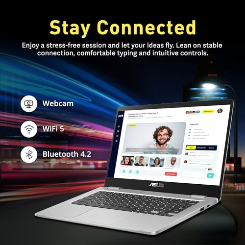 Image of ASUS Chromebook 14 inch HD Laptop, Intel Celeron N3350 Processor, 4GB RAM, 32GB eMMC Flash Memory, Intel HD Graphics, HD Webcam, Stereo Speakers, Chrome OS, Silver (Renewed)
