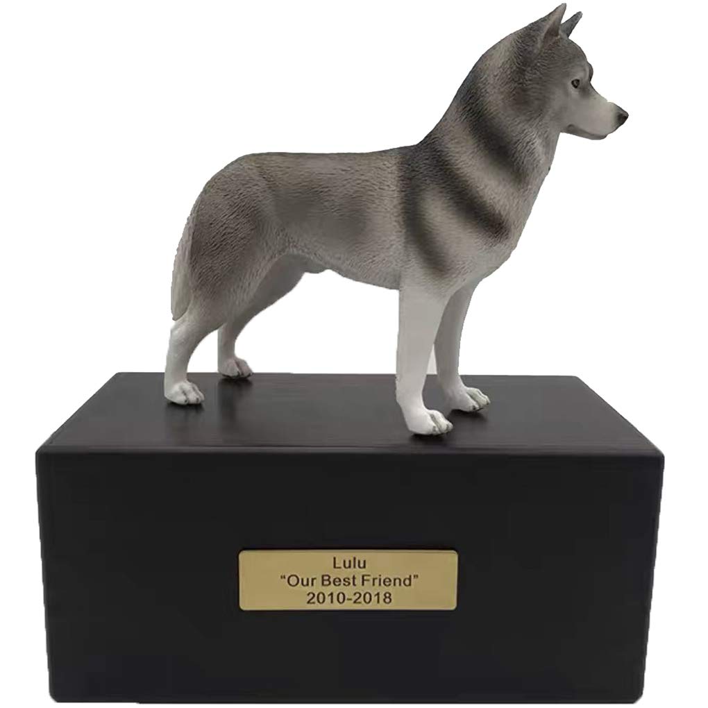 Personalized Rosewood Custom Dog & Cat Ashes Urn with Statue Customisable Engraved Nameplate for Pet Name and Date Custom Pets Box Cremation Funeral Keepsake Urns for Dogs Cats Memorial,Siberian Husky