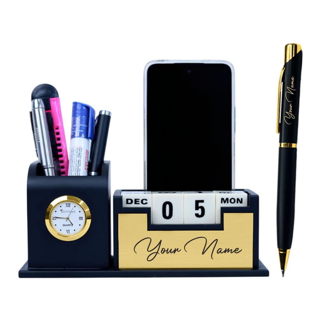 2 in 1 Personalized Desk Table Organizer with Pen Gift Set for Doctors, Customized Pen Stand Table Clock & Calendar, Customised New Year Corporate Gift Set for Employee (Black,Gold)