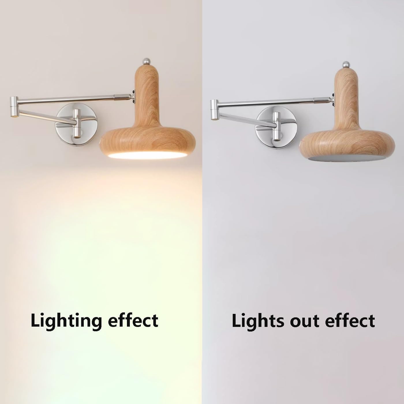 Nowoczesna lampa ścienna z regulowanym ramieniem wahadłowym, kinkiet E27 z kloszem ze sztucznego drewna lub metalu w kolorze kremowym, elastyczne światło do czytania T-155 (orzech, 20 cm/7,8