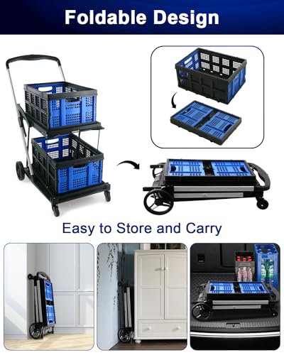 Fumingpal Multi Use Functional Collapsible Carts - 2 Tier Foldable Cart with Wheels | Shopping Cart with 2 Storage Crates | Foldable Trolley Great for Shopping, Catering, Warehouse, Picnicking