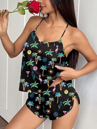Image of Ekouaer Silk Pajamas Set for Women Satin Backless Lingerie Pjs Cami Top and Shorts Nightwear