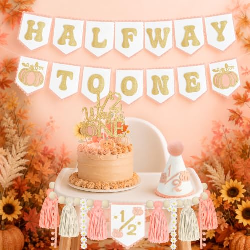 Image of 1 /2 Birthday Girl Half Birthday Decorations-Pink Pumpkin Half Way to One | 6 Months Birthday Decorations; High Chair Banner Boy;Wooden Cake Topper; Half Birthday Hat; Thanksgiving Day Decorations