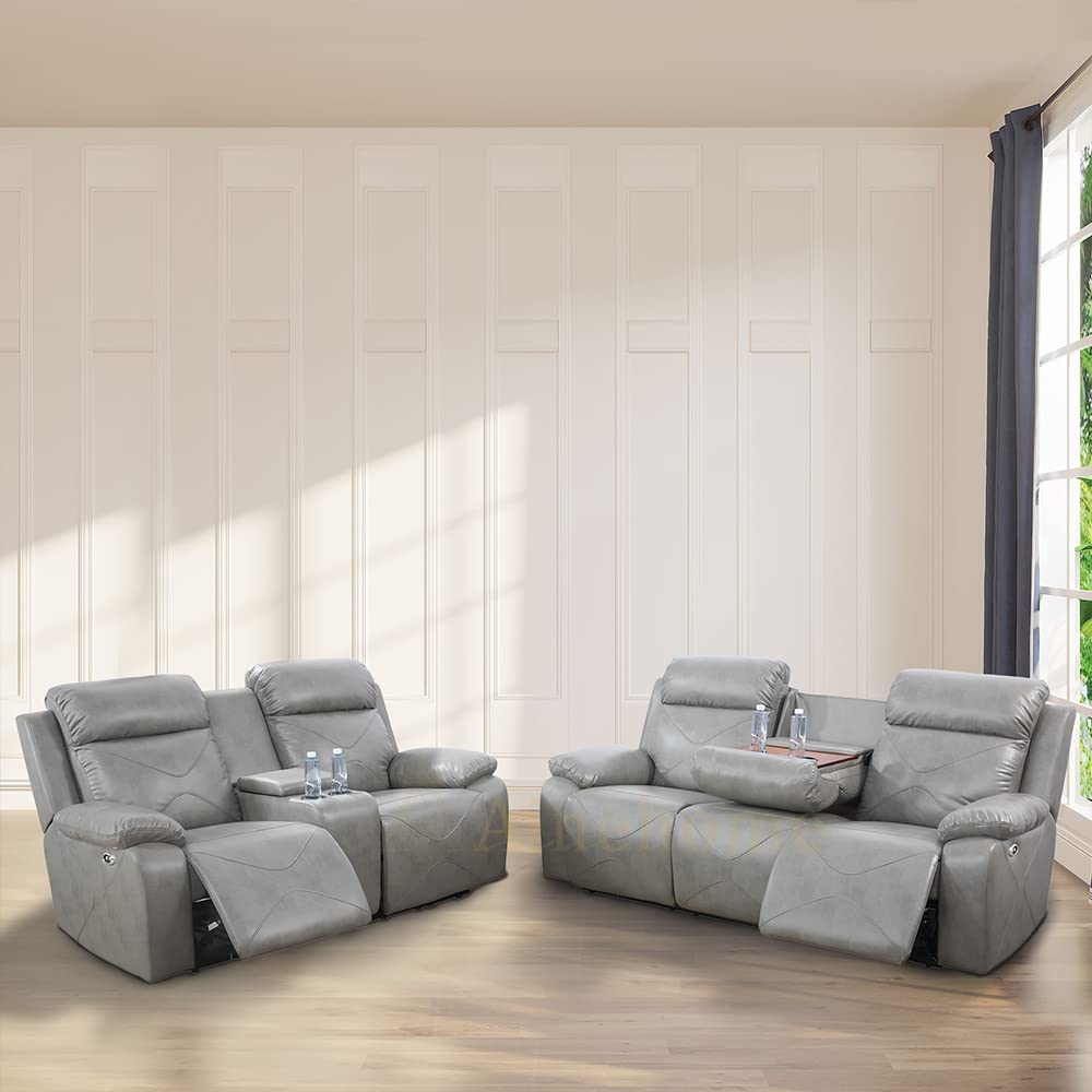 A AinehomeFurniture 2PC Sectional Sofa Living Room Office Sofa Set Electric Motion Sofa Loveseat Reclining Sofa(A-Grey, Sofa+Loveseat)