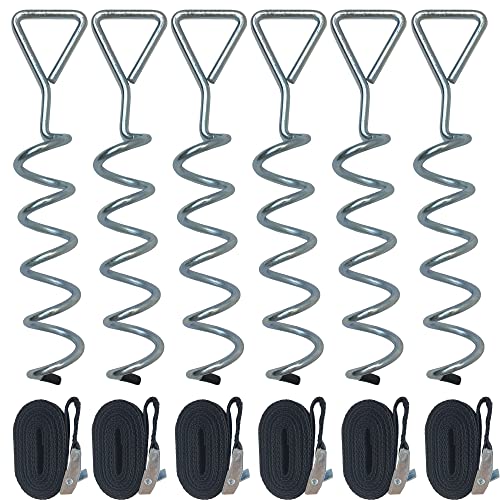 MUKCHAP Lot de 6 kits d'ancrage de trampoline de 31 cm avec tête triangulaire, kit d'arrimage de piquets d'ancrage de trampoline, kit d'ancrage galvanisé en spirale avec piquets et sangles pour abris