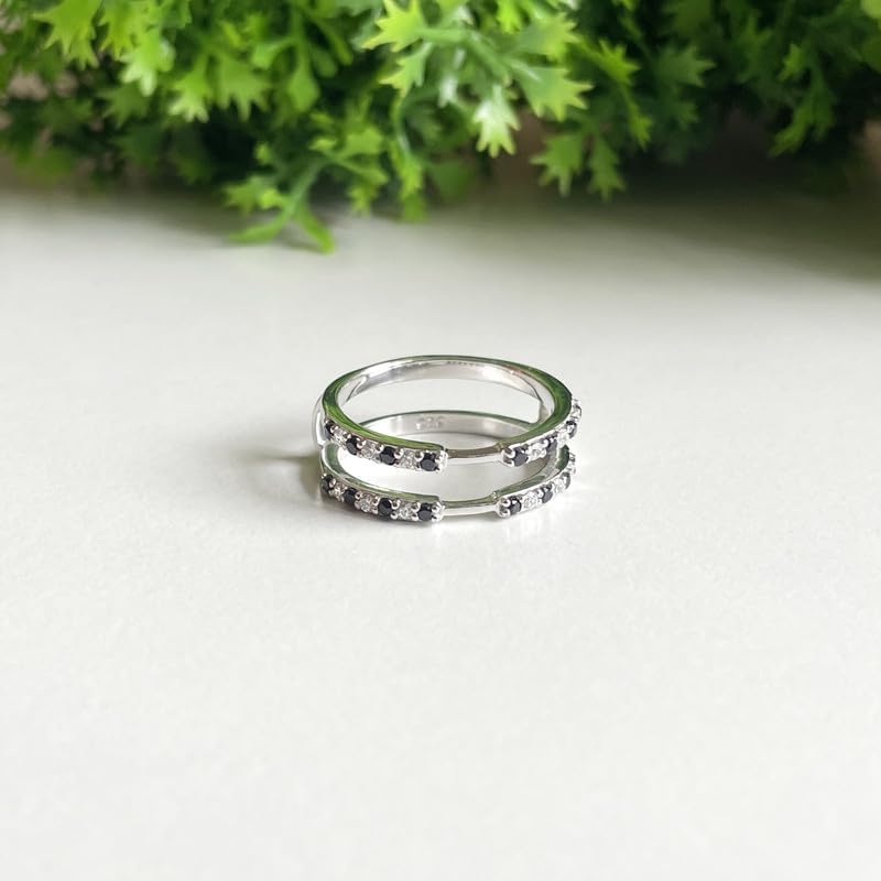 Black Diamond & White Diamond Enhancer Guard For Women, 14k Gold Plated Silver Black Wrap Ring, Enhancer Ring Guard