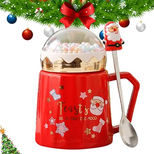 JINGAN Tazza in ceramica natalizia con coperchio - Tazza da caffè nuova | Tazze da caffè in ceramica con bel motivo Babbo Natale, compleanno per donne e uomini