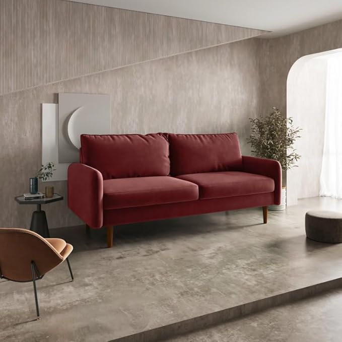 Image of Morrone Velvet Loveseat 3-Seater Sofa, Modern Upholstered Couch for Living Room, Bedroom and Office, Plush Cushion Accent Seating Furniture (Wine Red, 3 Seater)