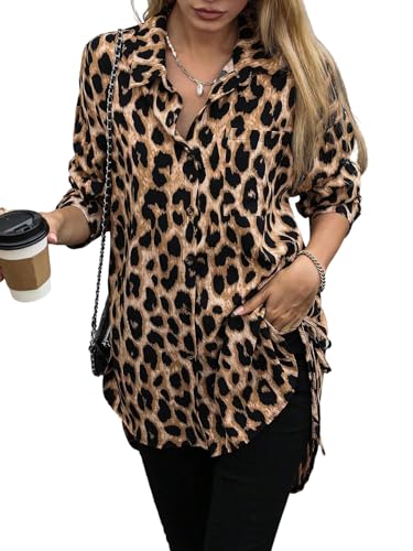 GORGLITTER Damen Button-down Blusen Elegant Langarm Hemd mit Leopardenmuster Tunika Hemdbluse Luftig Blusenshirt Langarmshirt Herbst Winter...
