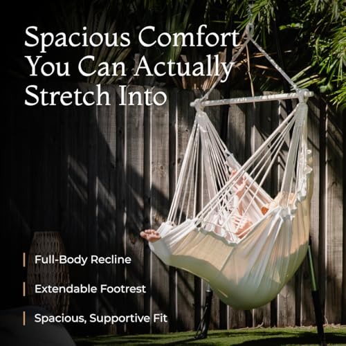 Image of Hanging Hammock Chair Swing - Outdoor & Indoor - Hammock Swing Chair | For Adults, Ceiling Mount, Cotton Blend, All Hardware Included, Spacious XL Seat, Bedroom to Porch Use, Built-In Footrest