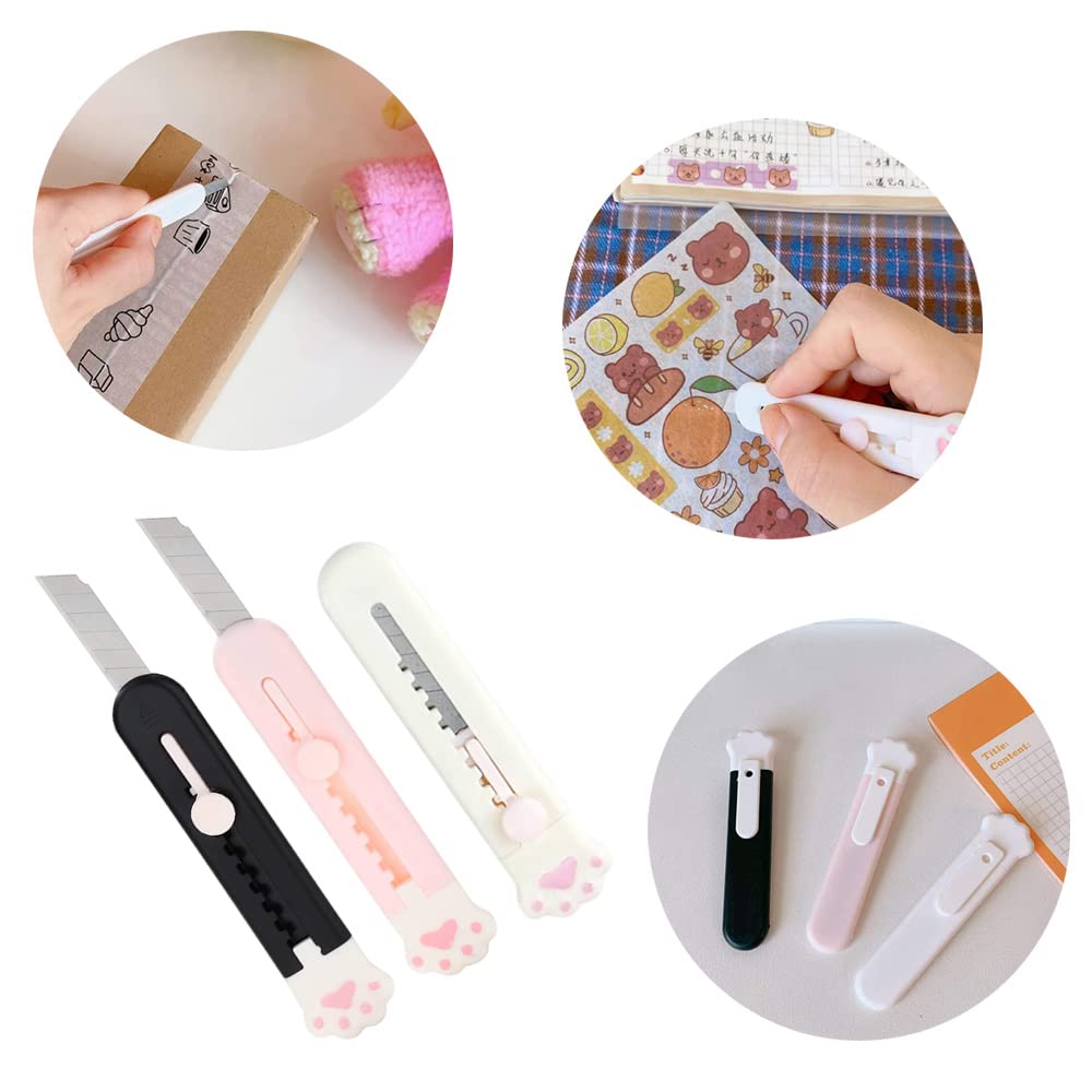 Mini Cutter Rétractable Patte de Chat, Couteau Utilitaire Ouvre-Lettre Coupe-Boîte pour Carton Papier, 3 Couleurs