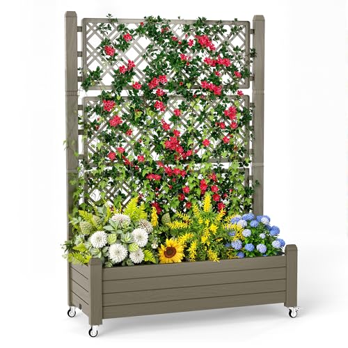 GYMHILL Elevated Raised Garden Bed with Trellis,Outdoor Large Resin Patio Planter Box Stand Divisible with Drain Plug,Water Monitor for Plants Vegetables Flowers Fruits (Grey, 43.43 * 18.27 * 64.29)