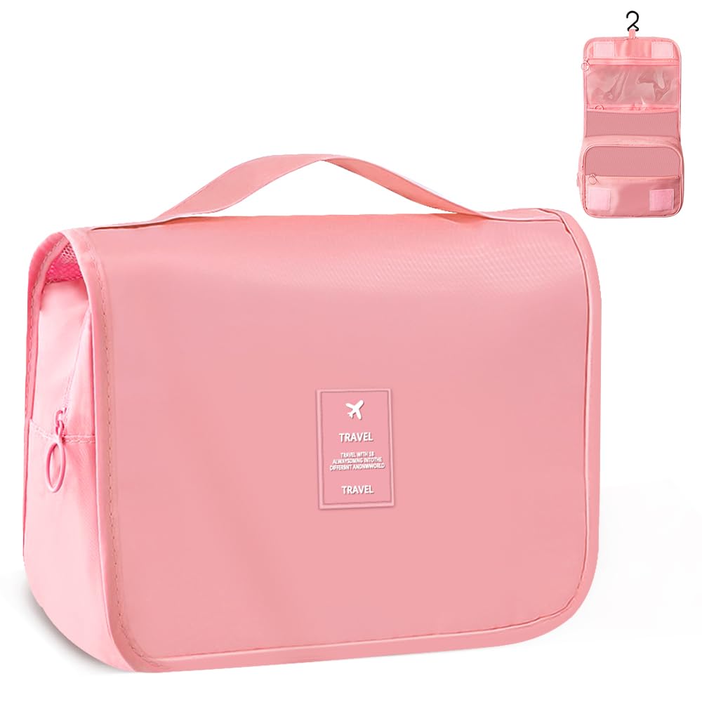 HCFGS Neceser Hombre Mujer, Neceser Maquillaje Bolsa de Aseo Makeup Bag Grande Colgante Impermeable Neceser Viaje, Bolsa de Aseo con Gancho Colgante para Hombre y Mujer Accesorios de Viaje, Rosa, L