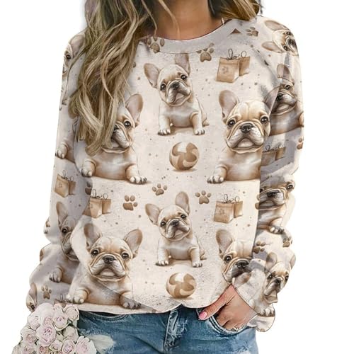 Sweat bouledogue français femme douillet et chaud en coton marron col rond