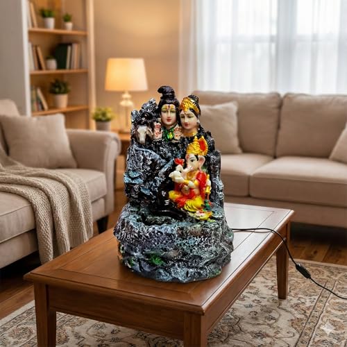 Image of ALILA Resin Shivpariwar Shivling Lord Shiva Shiv Water Fountain For Home Temple | Indoor Decor | LED Light Waterfall | Spiritual & Vastu Gift | Gifting Decor, 15 Inches, Multicolour