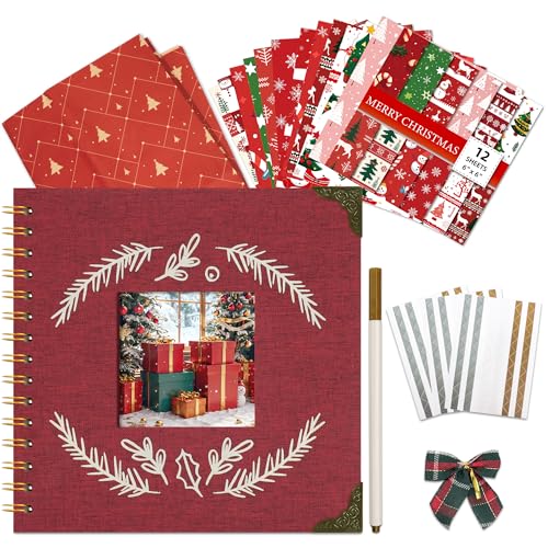 Vienrose Album Fotografico Natalizio, 20,5 x 20,5 cm Fai da Te Libro dei Ricordi Copertina in Lino con 20 Fogli e 40 Pagine, Album Fotografico con Finestra Quadrata per Famiglia, Matrimonio, Rosso