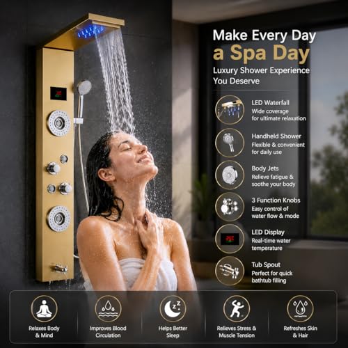 Image of Stainless Steel 304 Grade Shower Panel 8in1+ Extra Large 3Ways Hand Shower With LED Rainfall Waterfall 2Body Massage 4Mist Spray Temperature Display Shower Panel (Gold)