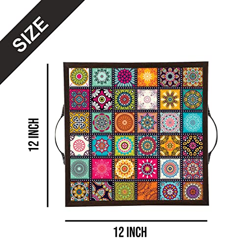 Image of Printelligent Wooden Serving Tray for Serving with Handle, Table Decoration,Coffee Table, Food, Tea, Ottoman, Restaurant Size (12 Inches x 12 Inches, Brown) (K)
