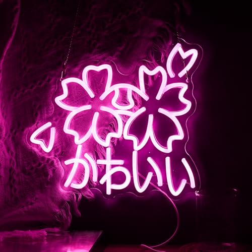 Image of Kawaii かわいいLed Neon Light Sign Japanese Cherry Blossoms Light Up Wall Decor Sign Girls' Room Decoration Birthday Party Christmas Neon Sakura Light (Pink)