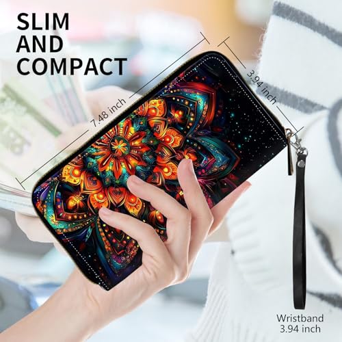 Womens Wallet, PU Leather RFID Cute Wristlet Wallets for Girls Women Ladies Purse Large Credit Card Clutch Purse Card Holder Coin Pocket Travel Wallets with Zipper, Colorful Mandala2