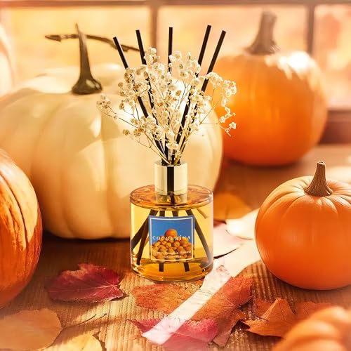 Image of COCORRINA Reed Diffuser - Morton Pumpkin Harvest Reed Diffuser Set with 8 Sticks & Preserved Baby's Breath, Reed Diffuser for Home Bathroom Shelf Decor