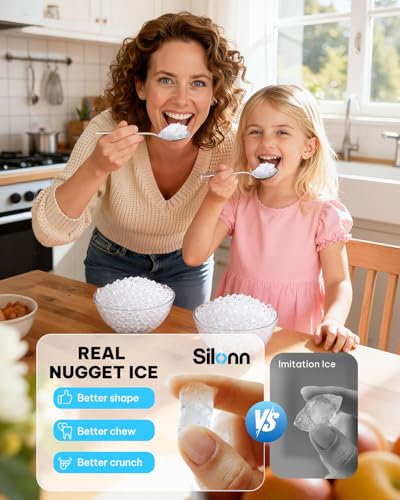 Image of Silonn Nugget Ice Maker Countertop with 3L Detachable Tank - 40 lbs /Day Self-Cleaning & Timer, 40 dB Quiet for Home Bar Party Office, Chewable Nugget Ice Machine for Summer & Cold Drinks, White