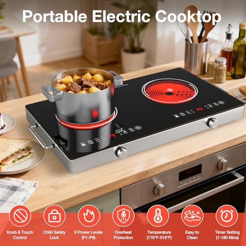 Image of 2 Burner Electric Cooktop 110V, 4000W Portable Electric Stove Infrared Hot Plate, 24 inch Countertop Burners with Handle, 3-Hours Timing Setting & Kid Safety Lock, Compatible for All Cookwares