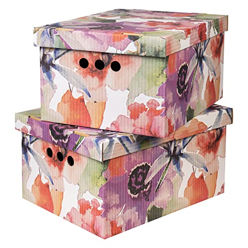 Cardboard Storage Boxes with Lid Decorative Wardrobe Closet Home & Office Organiser with Handle Flat-Packed Stackable File Box Gift for Adults & Kids Set of 2 Large - Watercolor Flowers