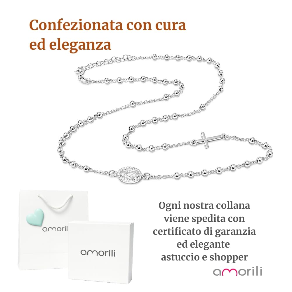 Collana Rosario Donna in Argento 925 con Medaglia Miracolosa e Zirconi – Collana Religiosa Cattolica Cristiana di Fede – Gioiello Elegante Idea Regalo cll2234