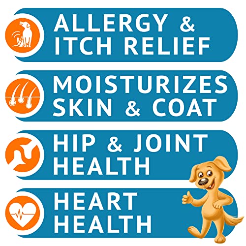 Omega 3 Fish Oil for Dogs (180 Ct) - Skin & Coat Chews - Dry & Itchy Skin Relief + Allergy Support - Shiny Coats - EPA&DHA Fatty Acids - Natural Salmon Oil Chews Promotes Heart, Hip & Joint Support