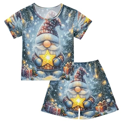 ALAZA Gnome Star Merry Christmas Night Pajamas Set Short Sleeve Cotton Sleepwear Summer Pjs 2 Piece 5-14Y