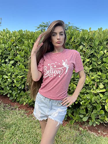 Believe Shirt Women Cute Fairy Graphic Tshirt Girl Trip Tee Funny Vacation Shirt Causal Short Sleeve Top Pink #TOP2