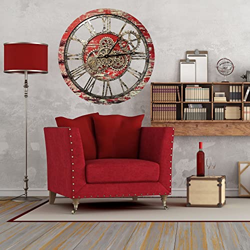 Improvinglife The Original Real Moving Gear Wall Clock Vintage Industrial Oversized Rustic Farmhouse (24 Inch (60Cm),Red Lava #TOP4