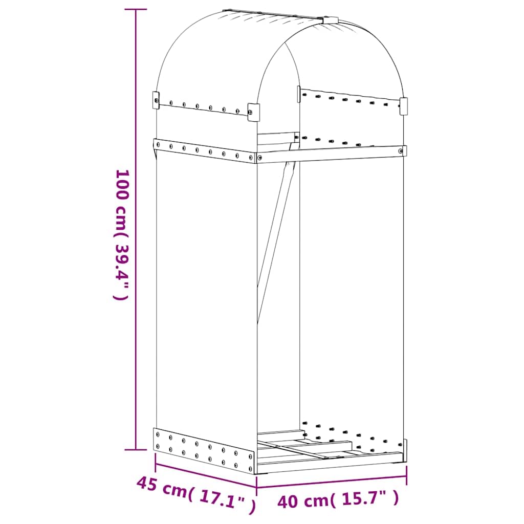 Soporte para leña de chimenea de acero galvanizado, 40 x 45 x 100 cm, resistente estantería para leña con ganchos para fijación a la pared para almacenamiento de madera seca en el jardín y