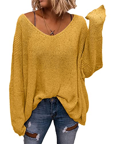 Image of BZB Women's V Neck Long Sleeve Knit Loose Oversized Pullover Sweater Top