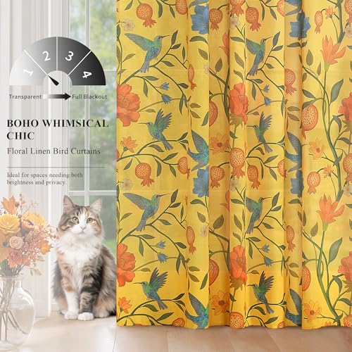 Image of JOOJA Mustard Yellow Floral Linen Curtains, Boho Whimsical Bird Print Curtains for Bedroom Window Colorful Patterned Sheer Curtains for Living Room Kitchen 2 Panels 96 Inches Long