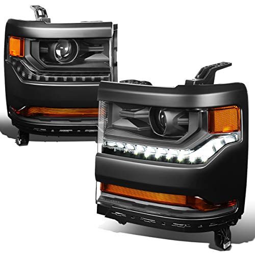 LED DRL Daytime Running Strip Projector HID Headlights Compatible with Chevy Silverado 1500 16-19, Driver and Passenger Side, Black Housing Amber Corner