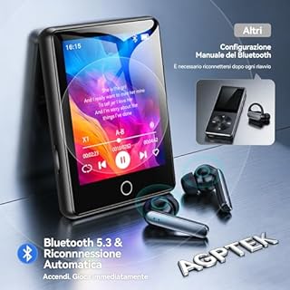 AGPTEK 64GB Lettore MP3 Bluetooth 5.3, 2,8" Schermo Tattile Lettore Musica Hi-Fi, Sport con Altoparlante/Radio FM/Registratore, Espandibile Fino a 128GB, Custodia in Silicone Inclusa