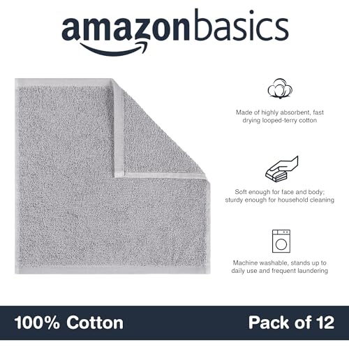 Amazon Basics Gesichtshandtücher für Badezimmer, 100 % Baumwolle, besonders saugfähiger Waschlappen, schnelltrocknend, Handtücher für Beautysalon, 30 x 30 cm, Grau, 12er-Pack