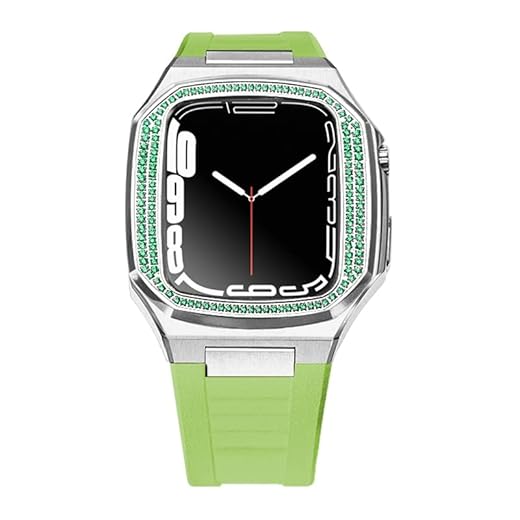 INANIR Kit de modificação Gem Metal Case Para Apple Watch Band 44mm 45mm Pulseira de Silicone Correa Para Apple Watch Series 8 7 6 5 4 SE Acessórios (Cor: Verde Prata-2, Tamanho: 45MM)