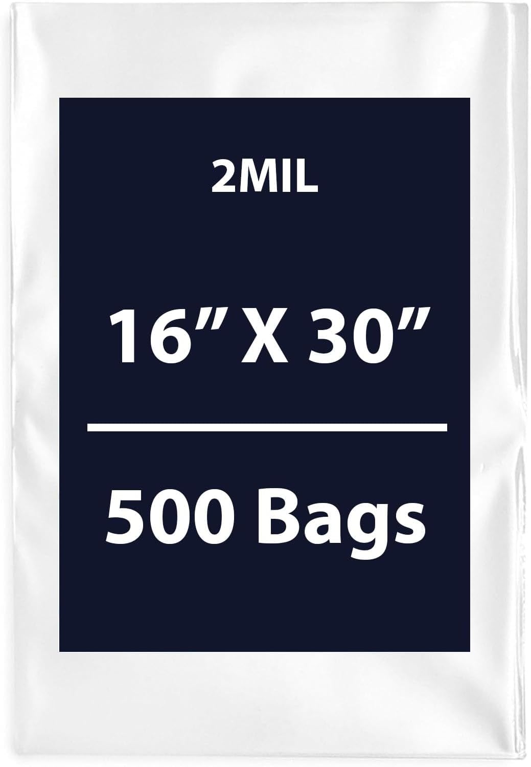 Clear Flat Poly Bag 2Mil, 16" X 30" & 500 Bags | Low-Density Polyethylene (LDPE), Flat Open Top Plastic Packaging | Flexible and Durable Plastic Bags